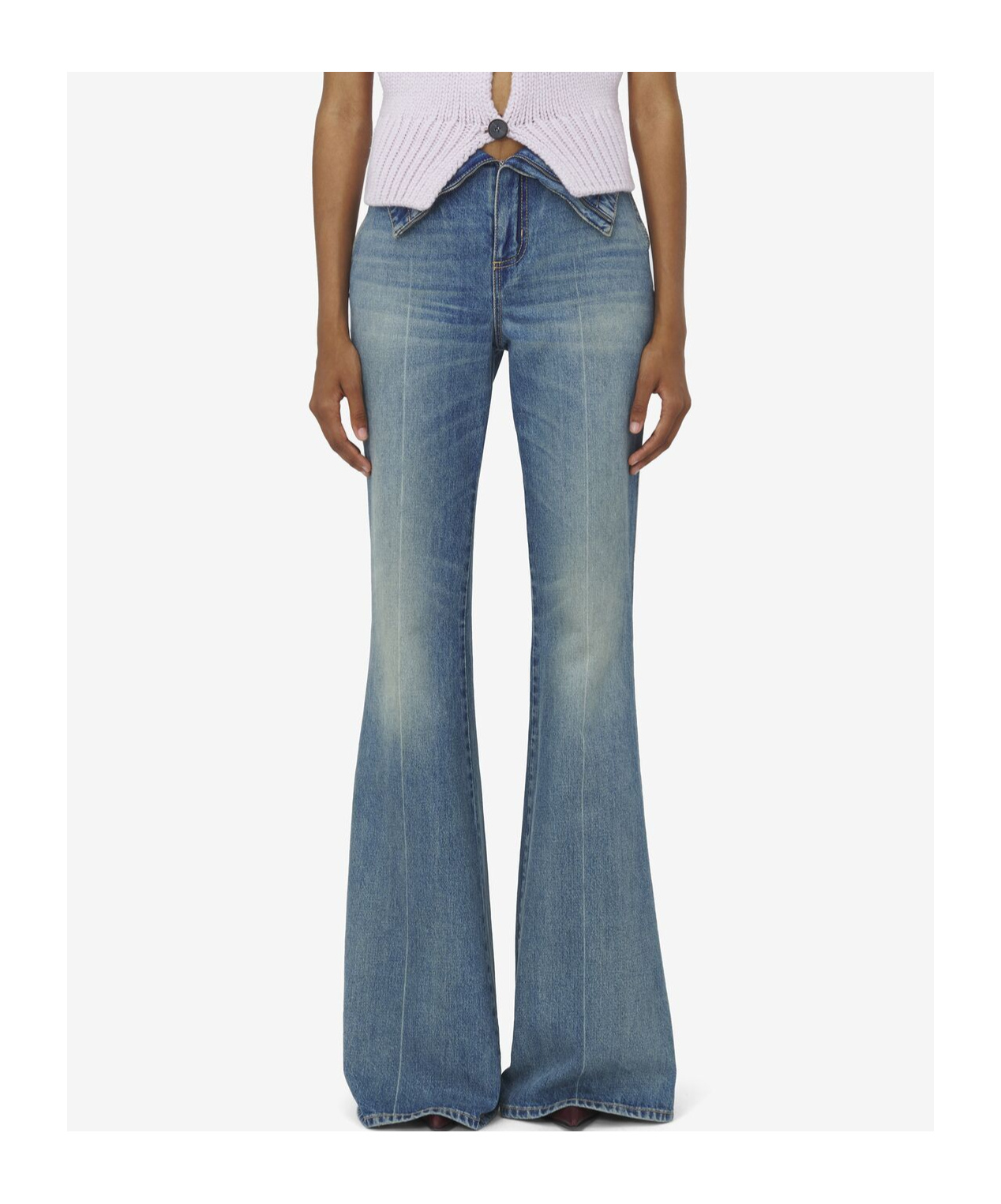 Alexander Mcqueen Blue Flared Jeans With Foldover Waist And Logo Patch On The Rear In Denim Womanaa In Blue
