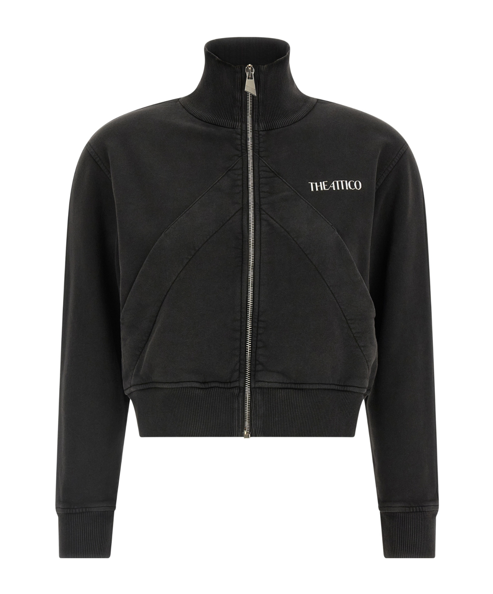 Attico Cropped Zip Fleece Ribbed Finish In Black