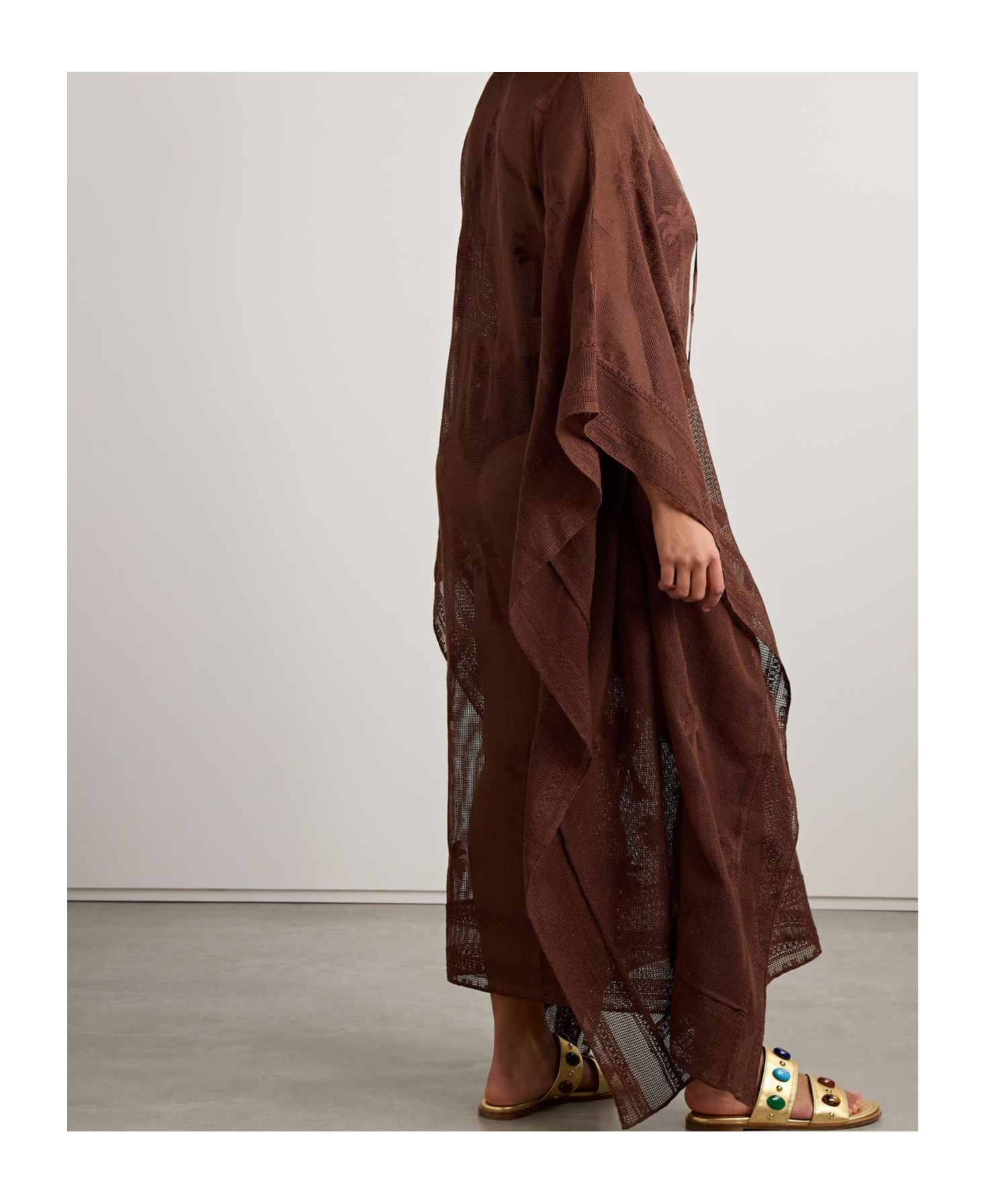 Shop Johanna Ortiz Embroidered Cotton-mesh Coverup Chocolate In Chocolate-colored