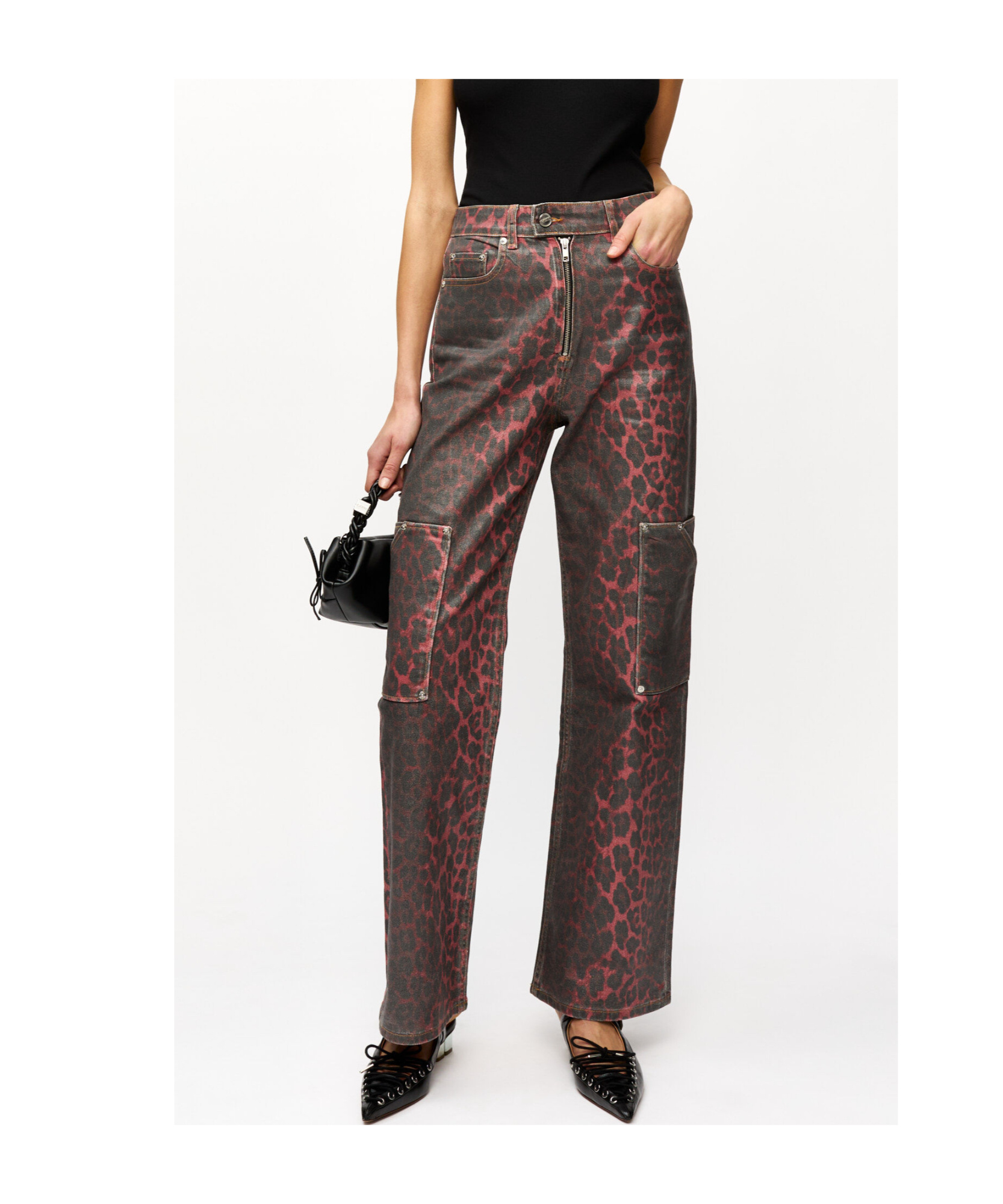Ganni Red Foil Denim Andi Cargo Jeans In Racing Red
