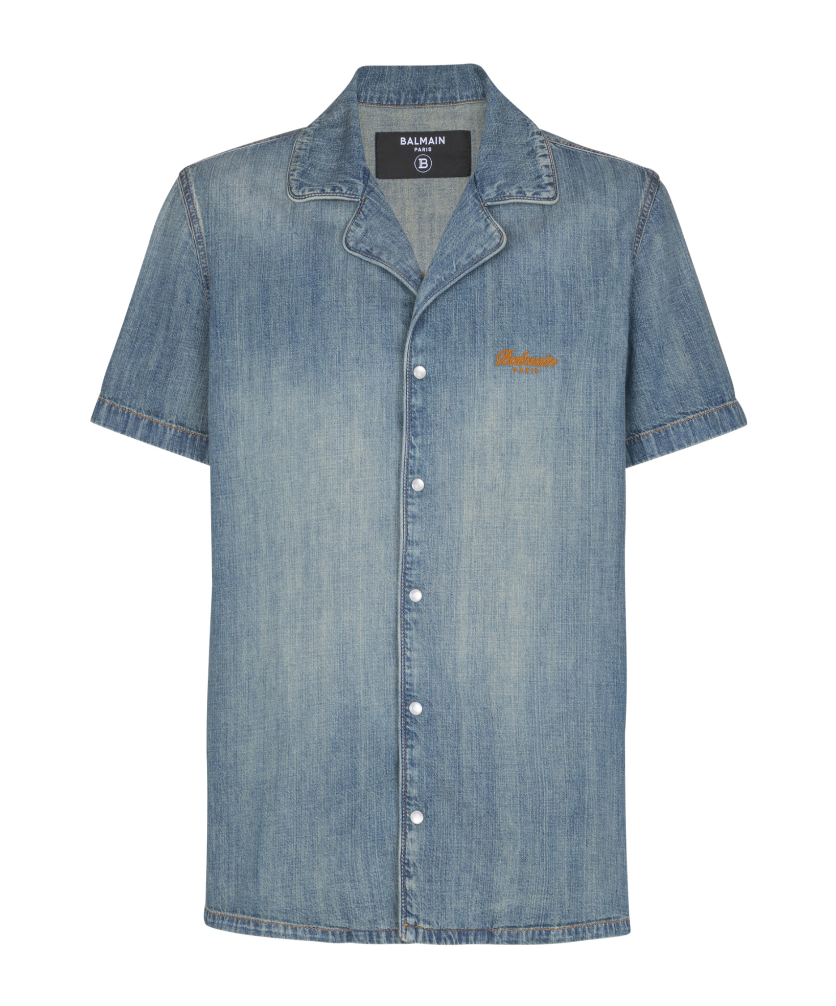 Balmain Short-sleeved Pyjama Shirt In Faded Denim In Blue