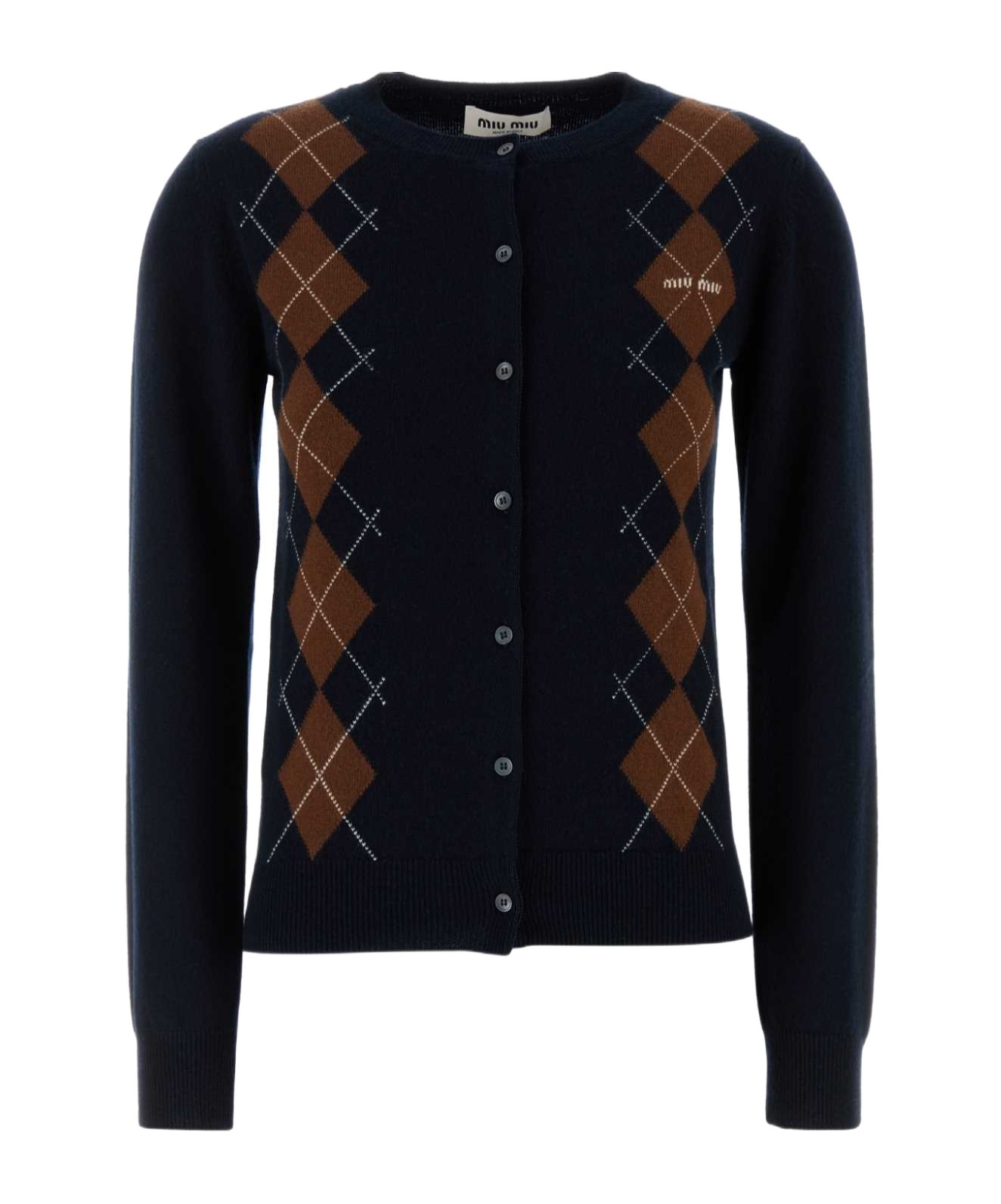 Miu Miu Diamond Knit Cardigan With Ribbed Finish In Blue