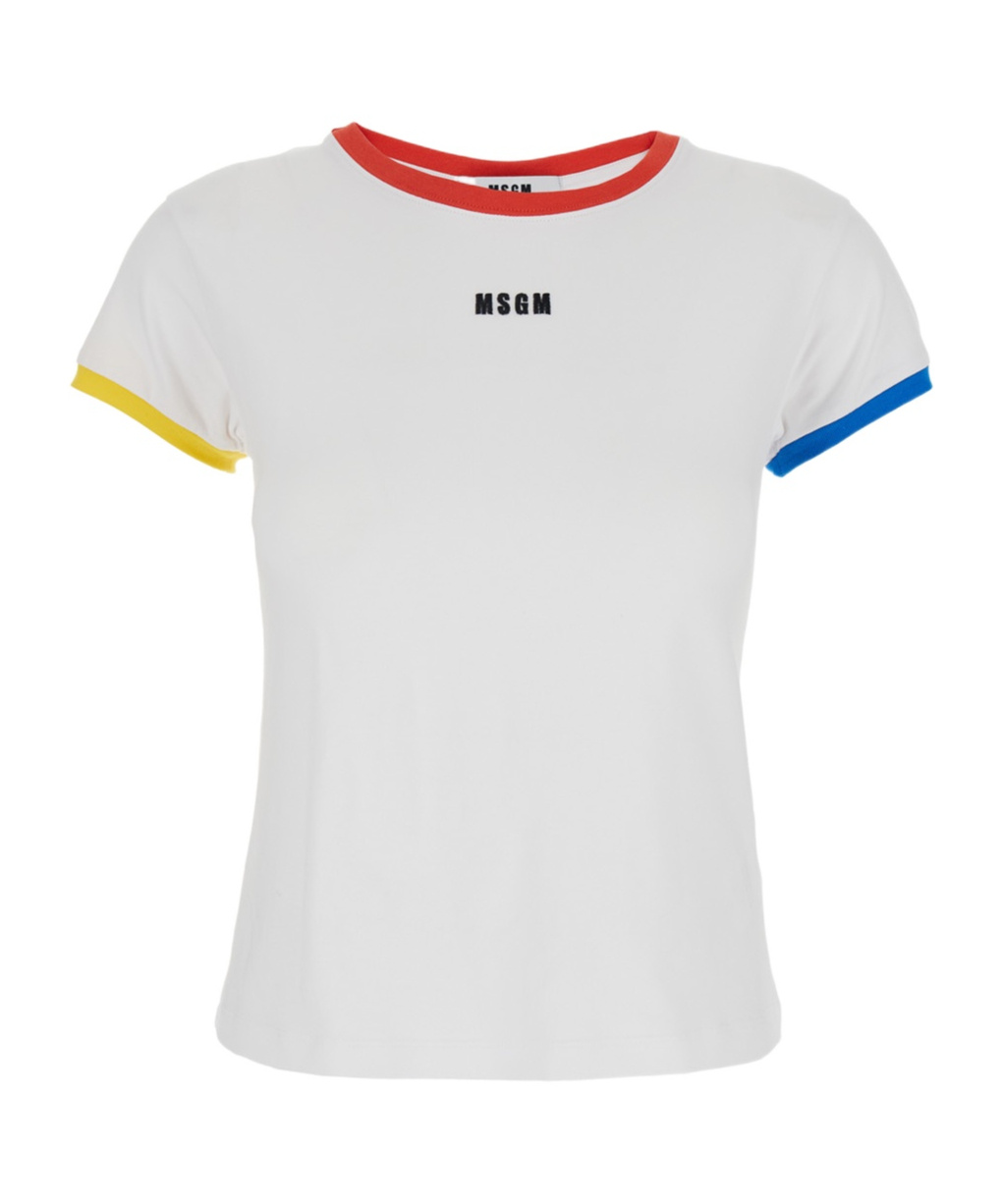 Msgm White T-shirt With Embroidered Logo On The Front And Contrasting Edges In White