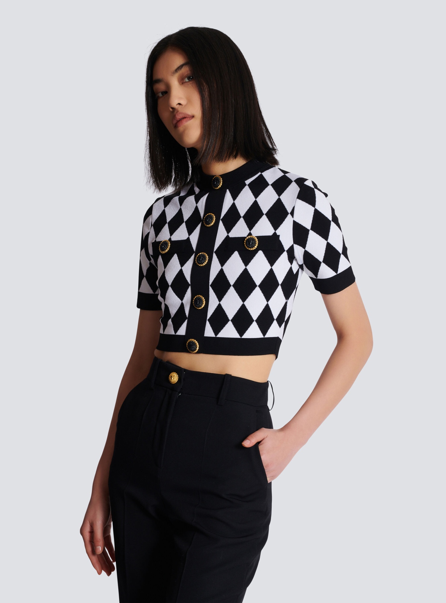Shop Balmain Diamond Jacquard Knit Top In Black