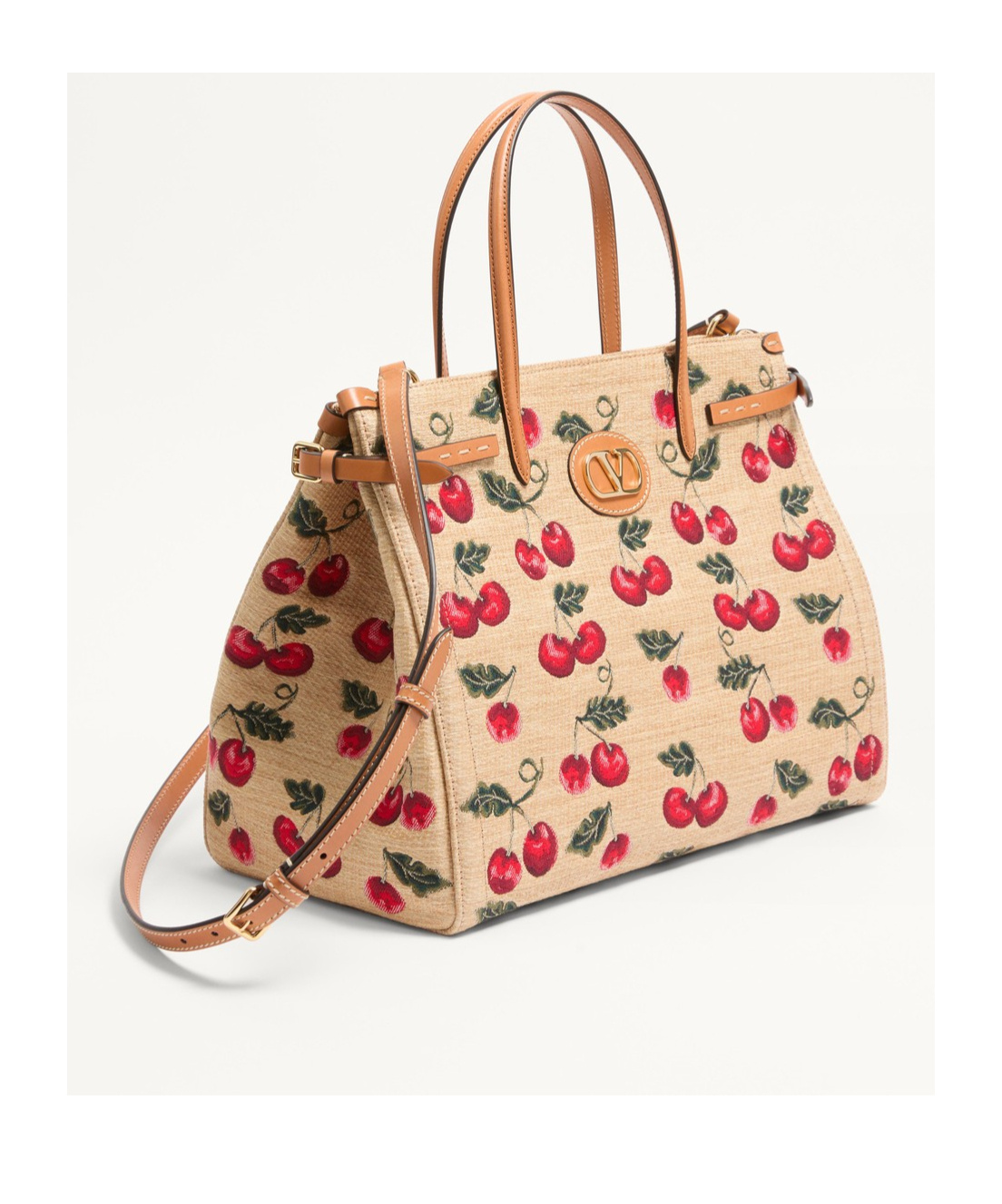 Valentino Garavani Garavani Antibes Medium Shopping Bag In Jacquard Raffia With Cherryfic Motif Woma In Natural/red
