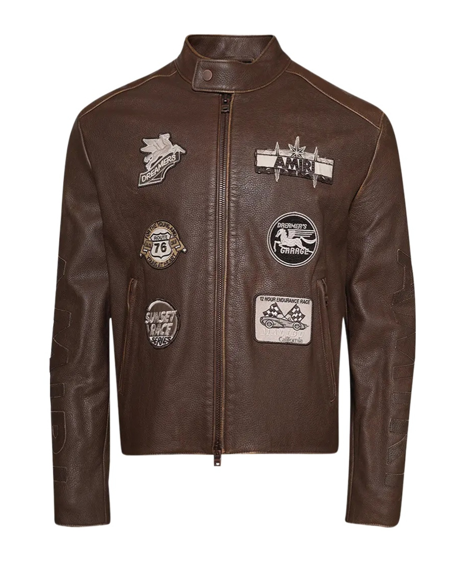 Amiri Patch Racing Leather Jacket In Brown