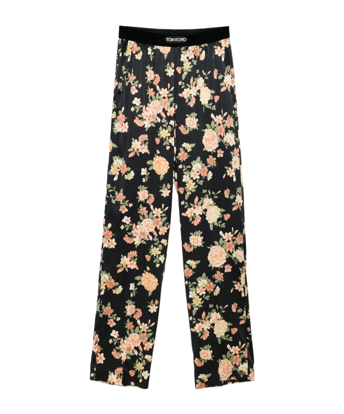 Tom Ford Wide Leg Floral Print Satin Trousers In Black