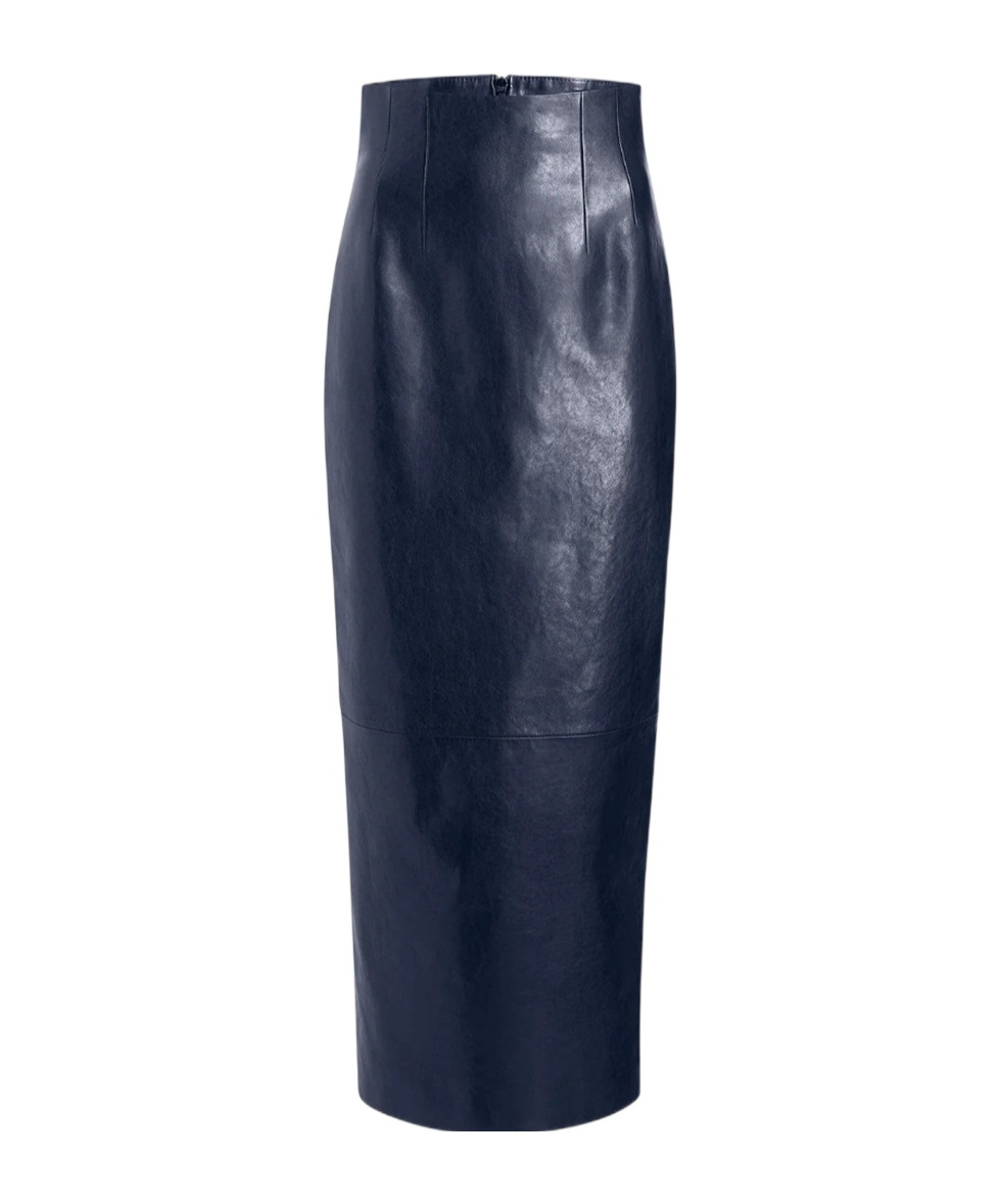 Khaite Womens Dark Navy Loxley Mid-rise Leather Midi Skirt In Blue