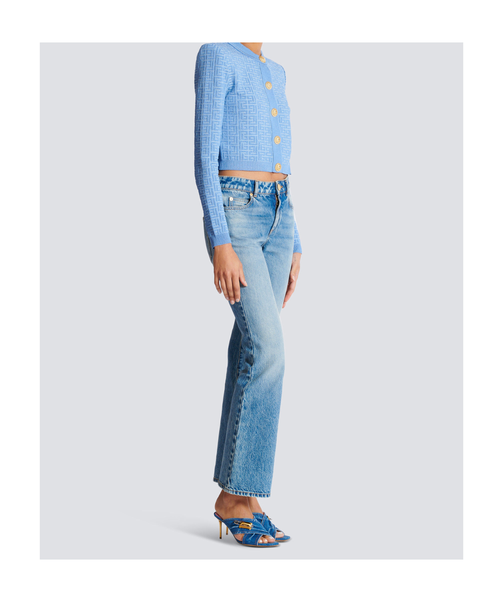 Balmain Pb Labyrinth Knitted Cropped Cardigan In Blue