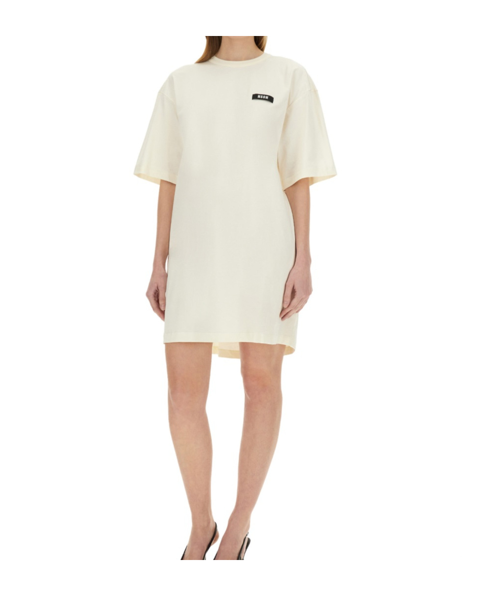 Msgm Logo Patch Drawstring Dress In White