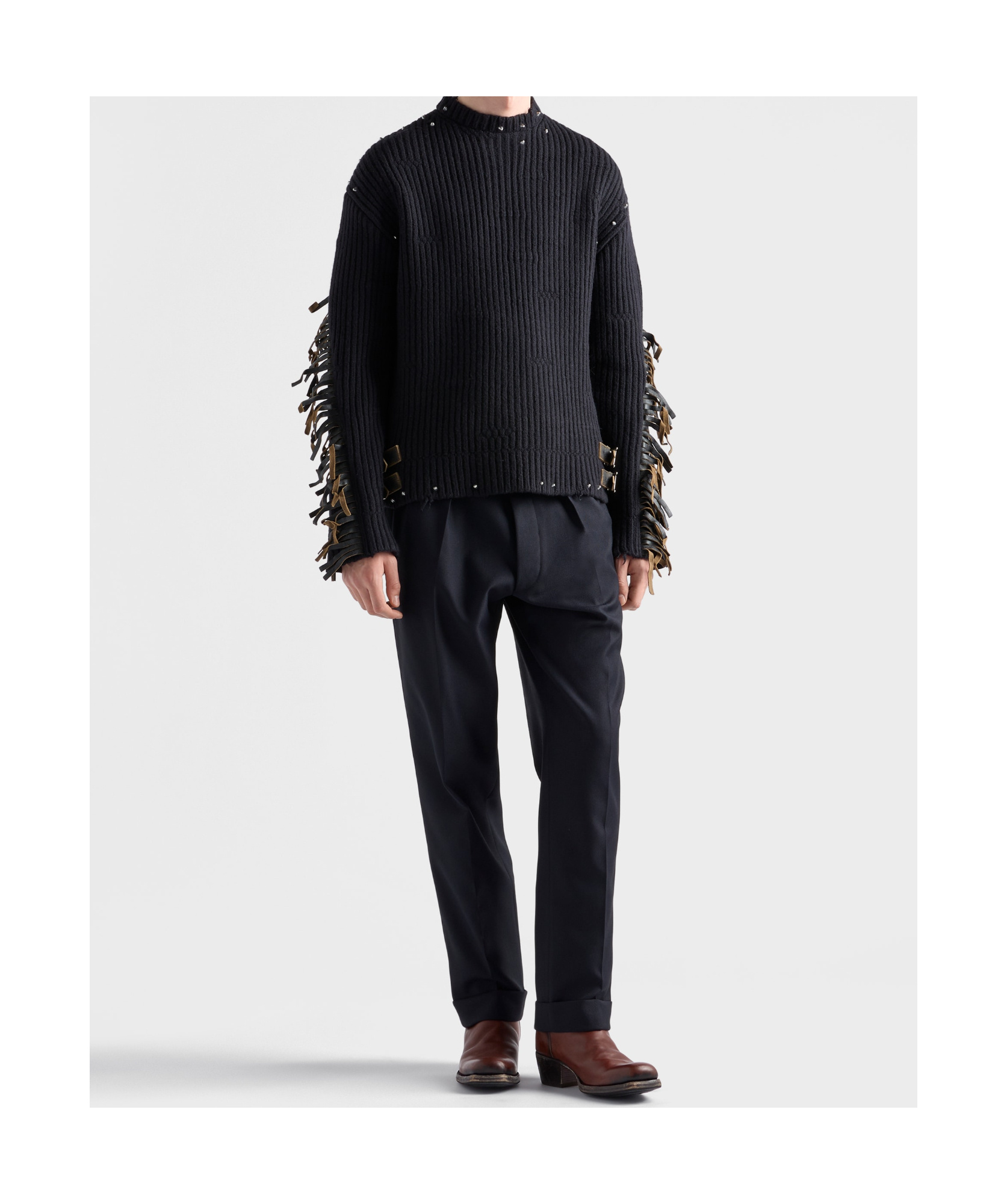 Prada Wool Crew-neck Sweater With Fringe And Studs In Black
