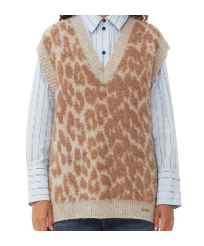 Ganni Leopard Jacquard Oversized Vest In Brown