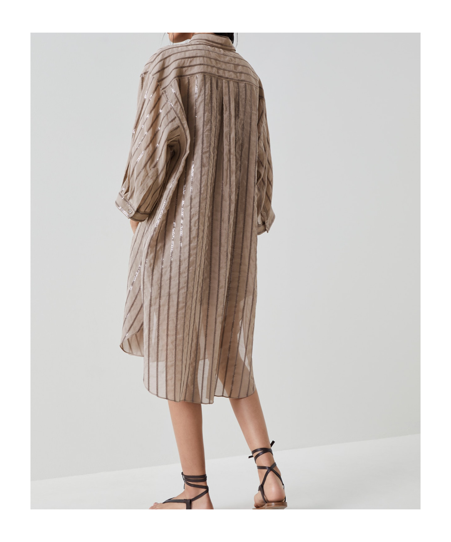 Brunello Cucinelli Sequin-embellished Striped Cotton Shirtdress In Brown