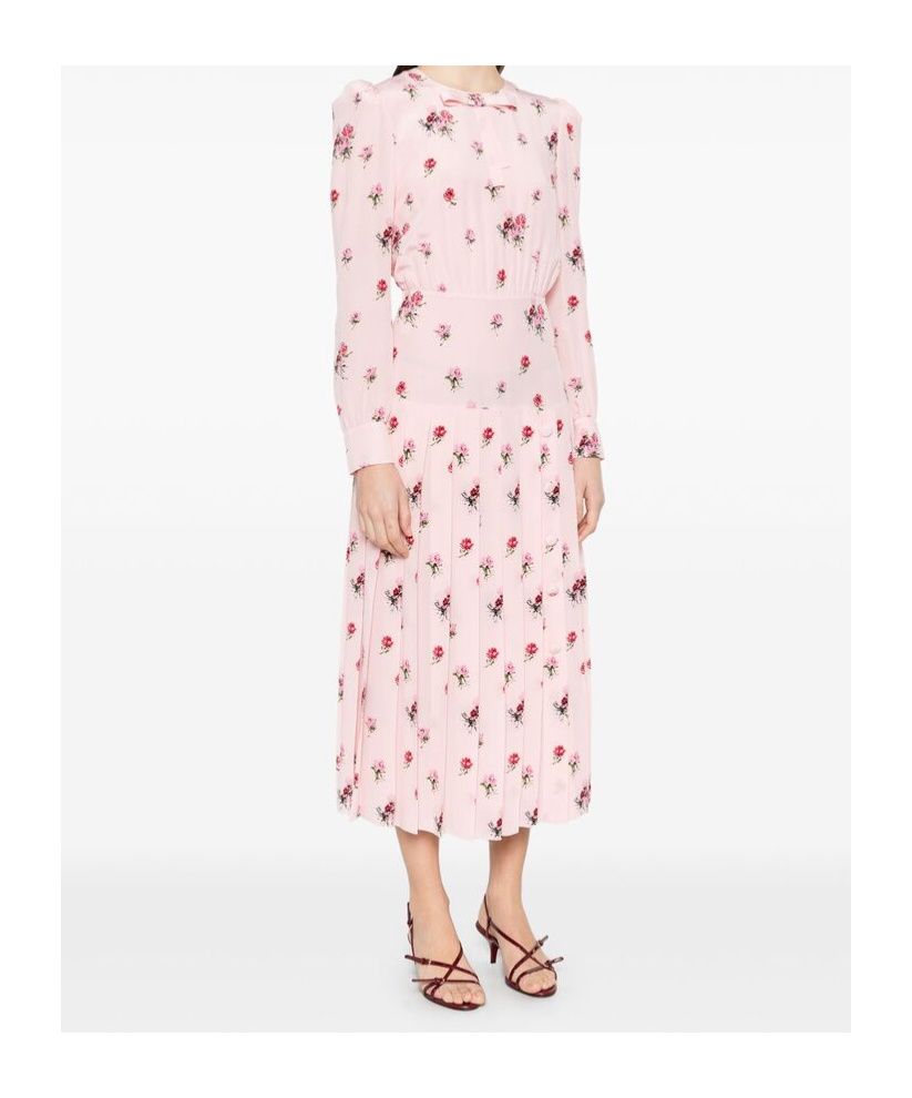 Alessandra Rich Bow-detailed Floral-print Silk Crepe De Chine Midi Dress In Pink