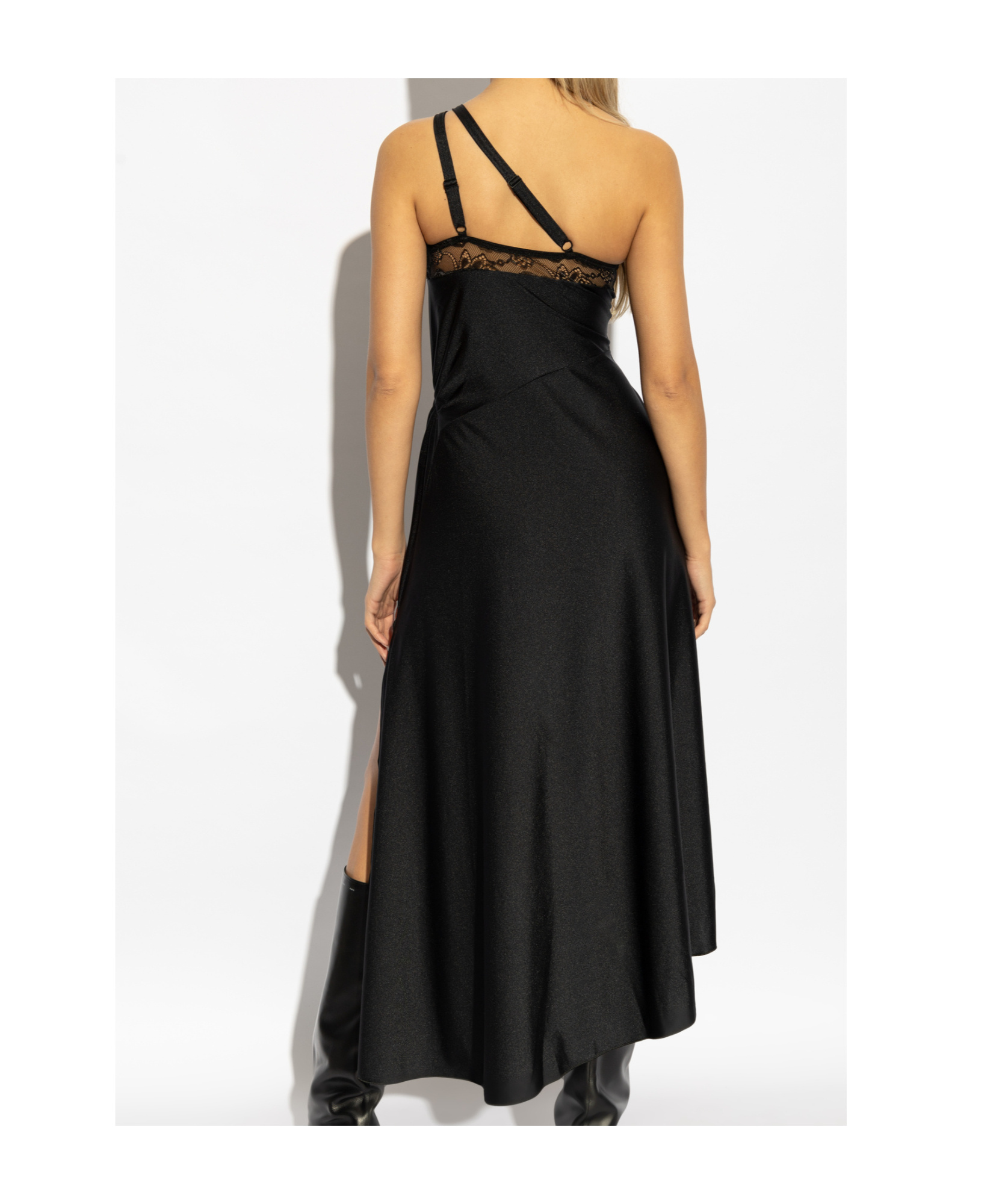 Coperni Asymmetric Black Satin Dress With Lace Details In Black