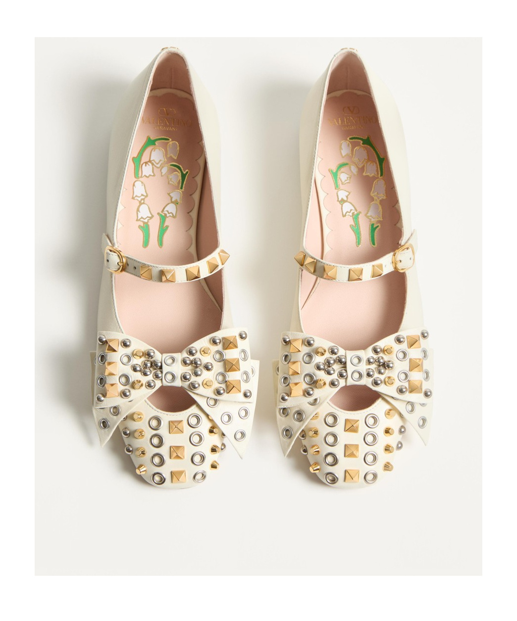 Valentino Mary-jane Bowow Ballerina In Kidskin With Studs In Ivory White
