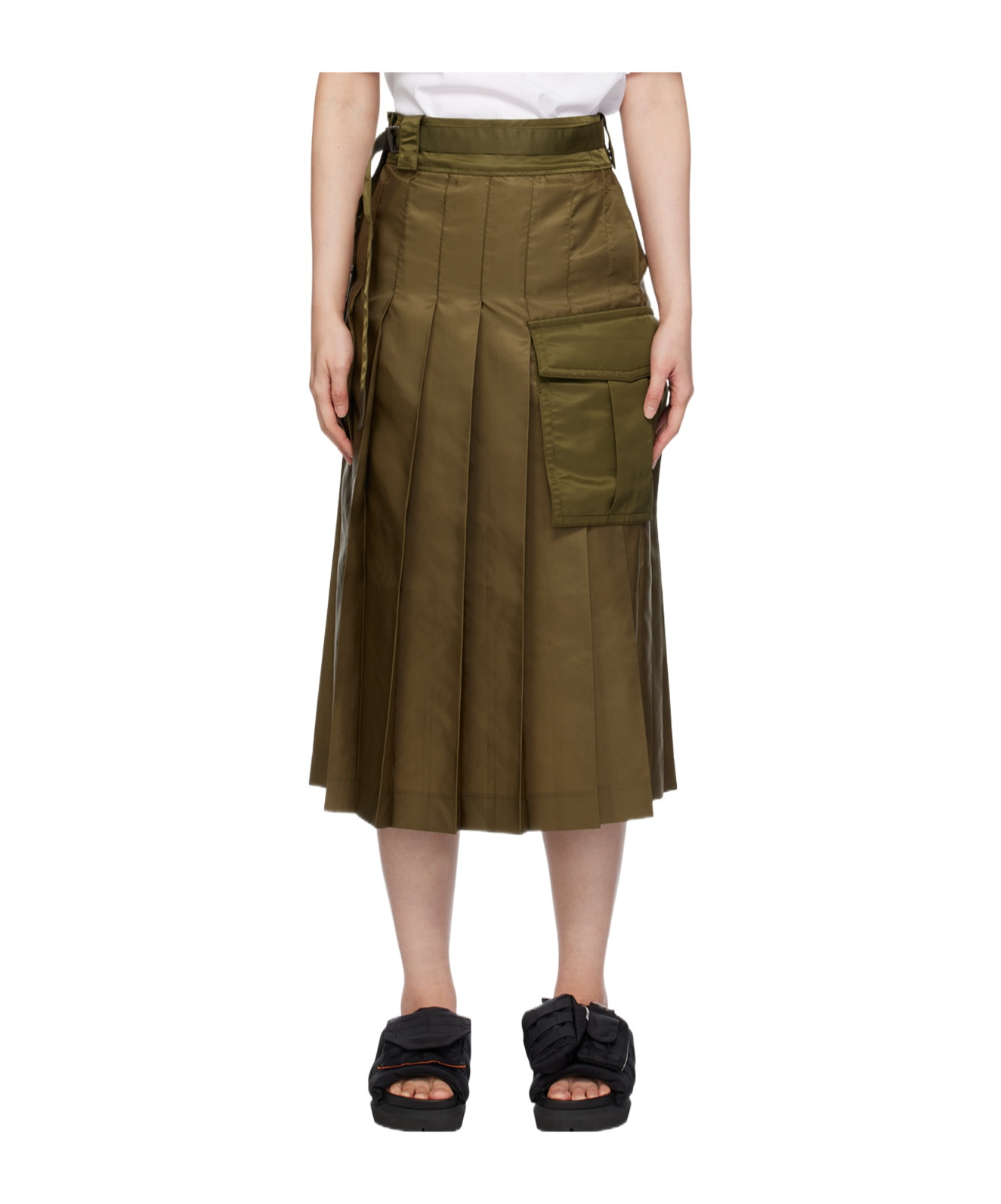 Sacai Khaki Pleated Midi Skirt In Green