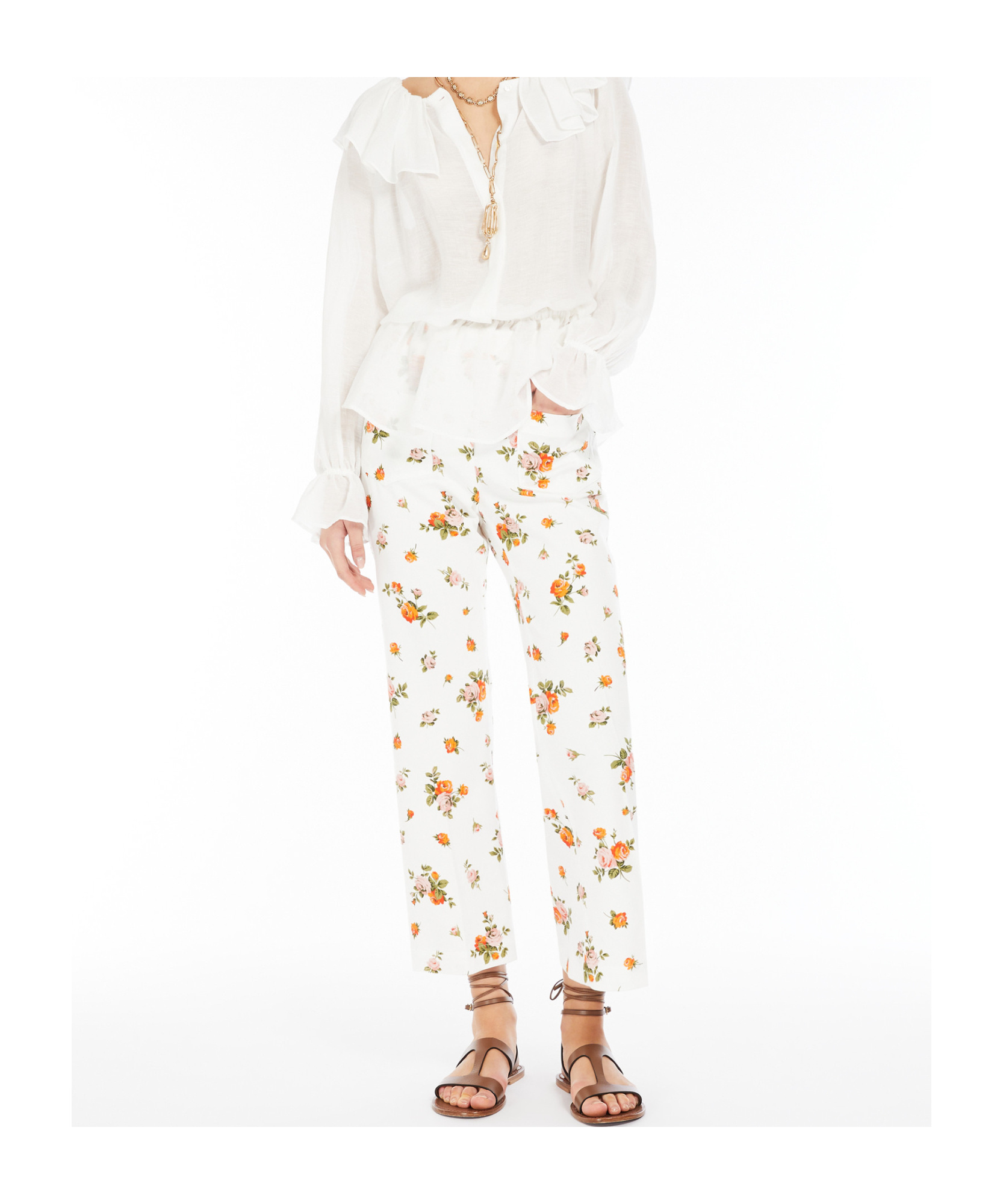 Weekend Max Mara Flared Patterned Cotton Trousers In White