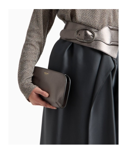 Giorgio Armani Logo Metallic Leather Clutch In Gray