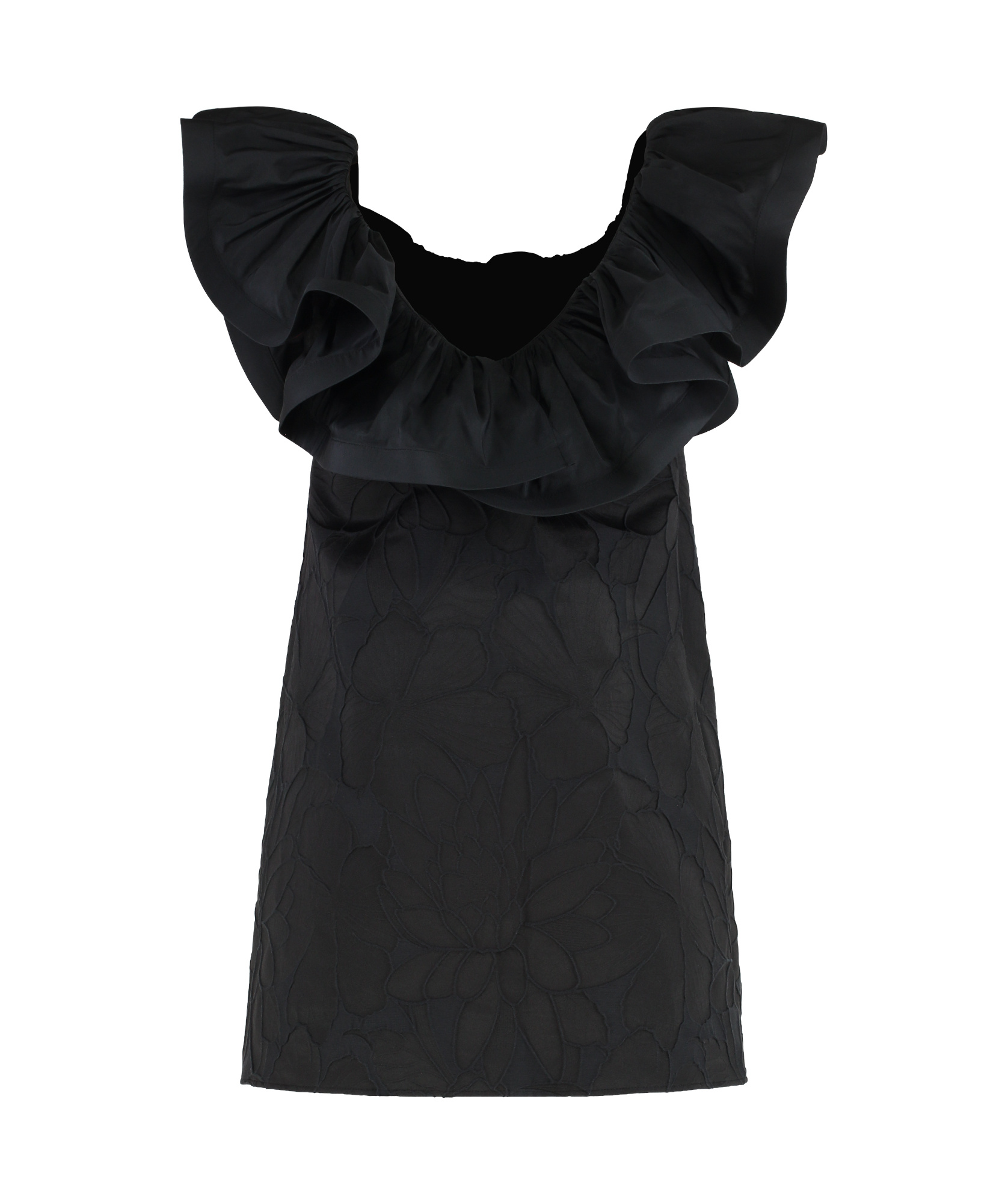 Elisabetta Franchi Ruffled Neckline Mini Jacquard Dress In Black