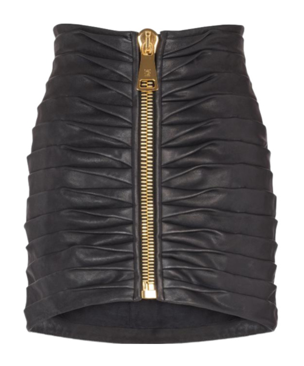 Balmain Pleated Zipper Sheepskin Mini Skirt In Black