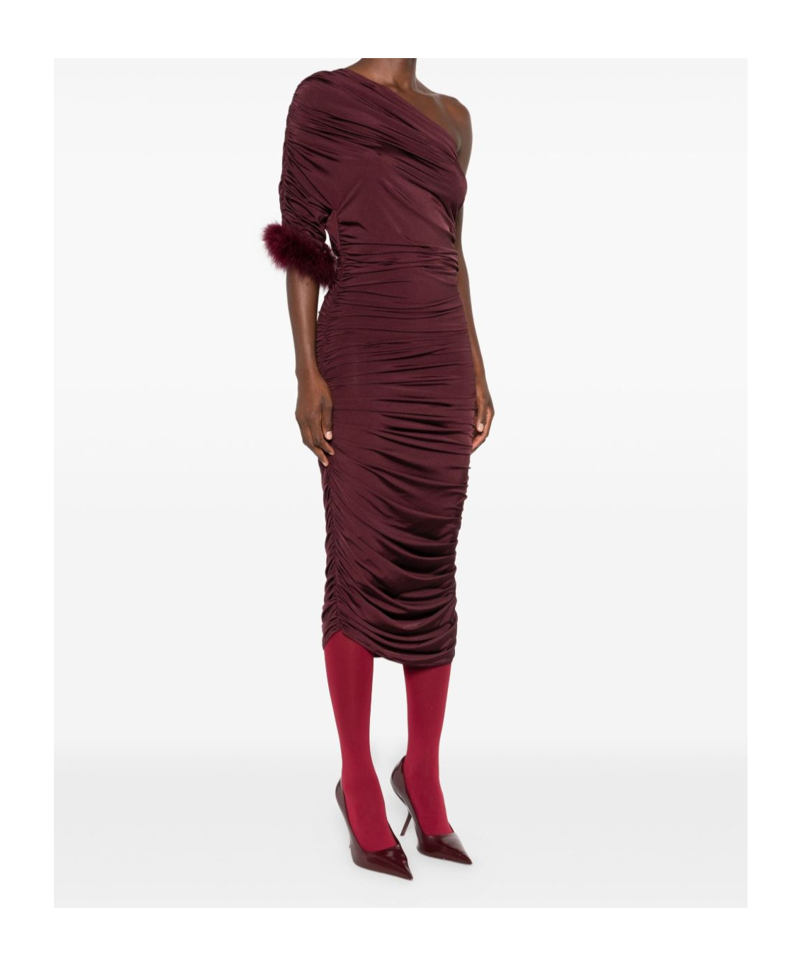 Mugler One Shoulder Feather Trim Ruched Midi Dress In Brown