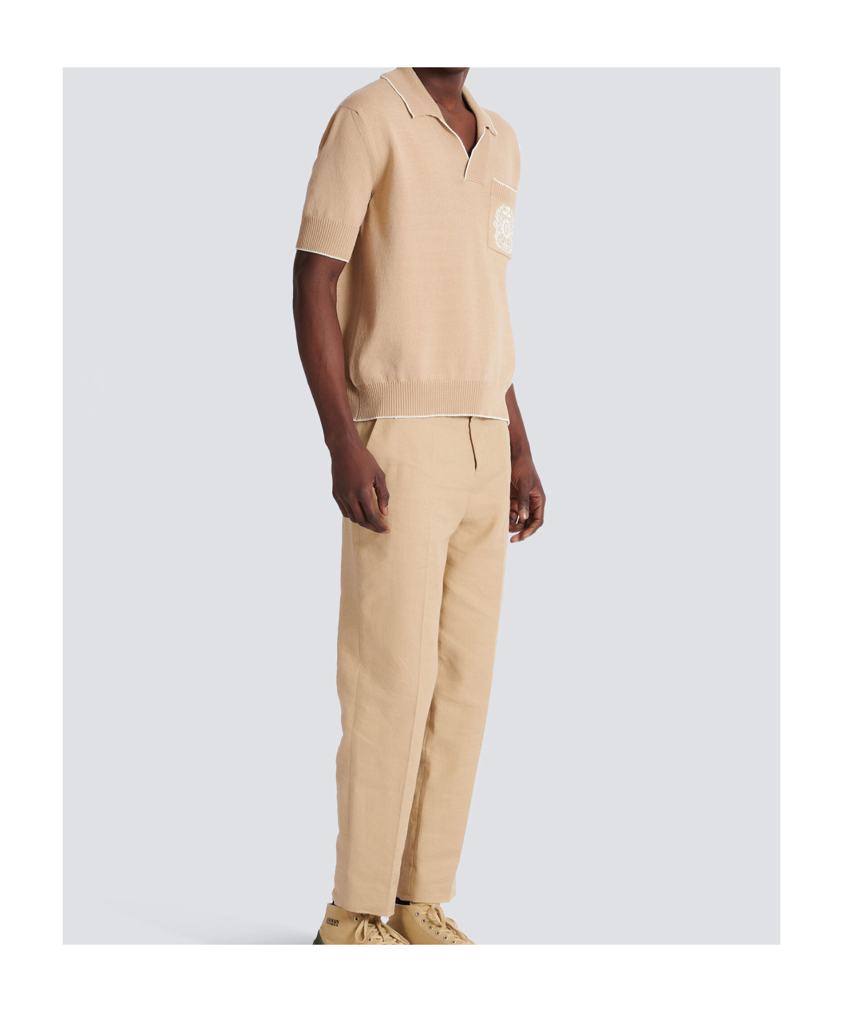Shop Balmain Écusson Embroidered Knit Polo Shirt