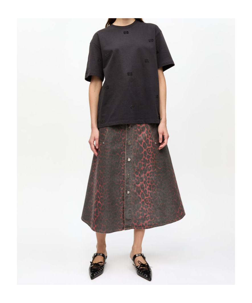 Ganni Leopard Print Foil Denim Midi Skirt In Racing Red