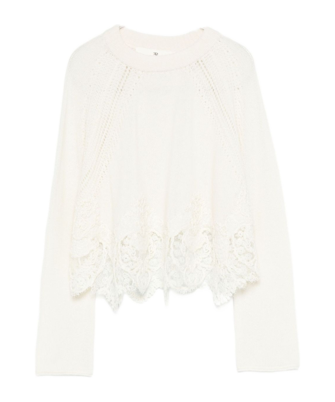 Ermanno Scervino Cropped Cashmere Sweater Lace Hem In White
