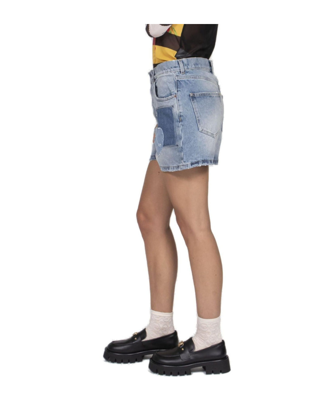 Moschino Patchwork Detailed Denim Shorts In Gold