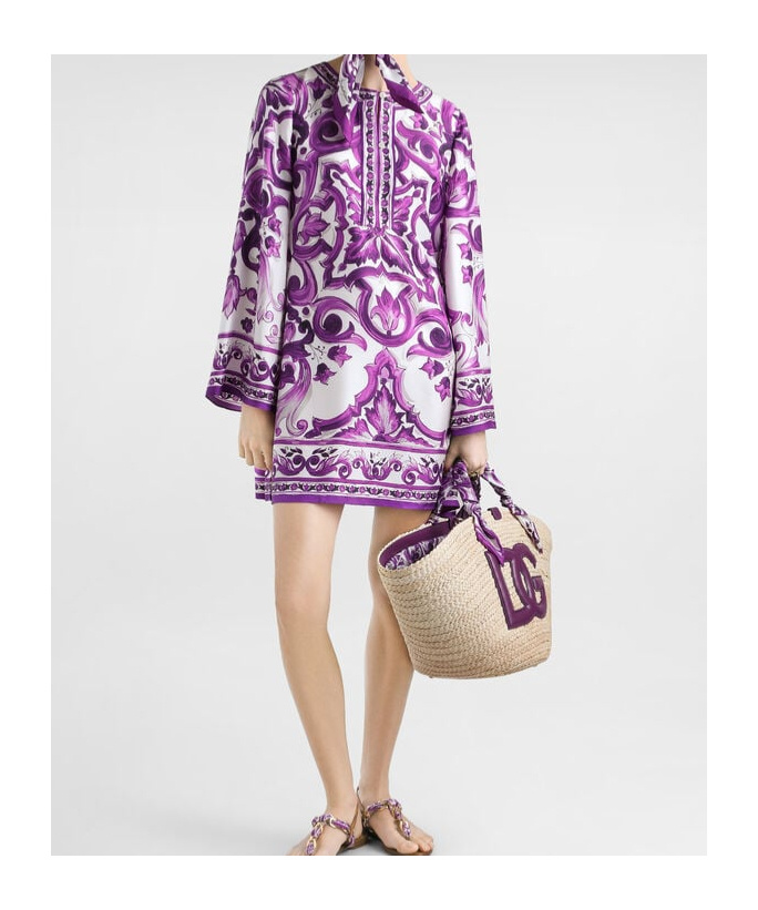 Dolce & Gabbana Majolica Silk Twill Long-sleeve Mini Shift Dress In Purple