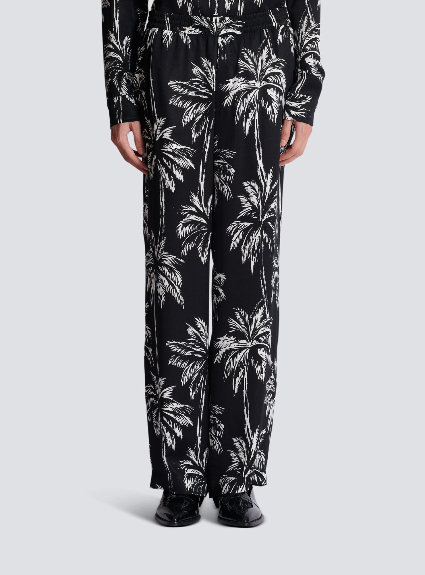 Shop Balmain Palm Print Satin Pyjama Trousers In Black