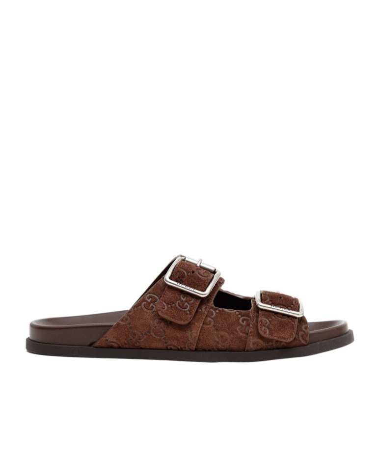 Gucci Men Logo Embossed Leather Slides In Brown