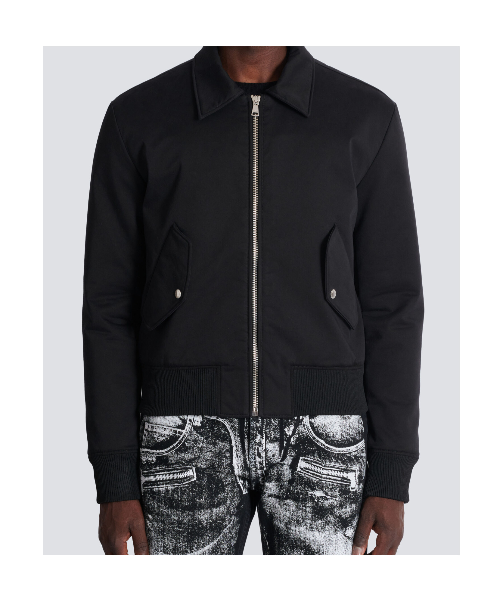 Balmain Navy Embroidery Bomber Jacket In Black