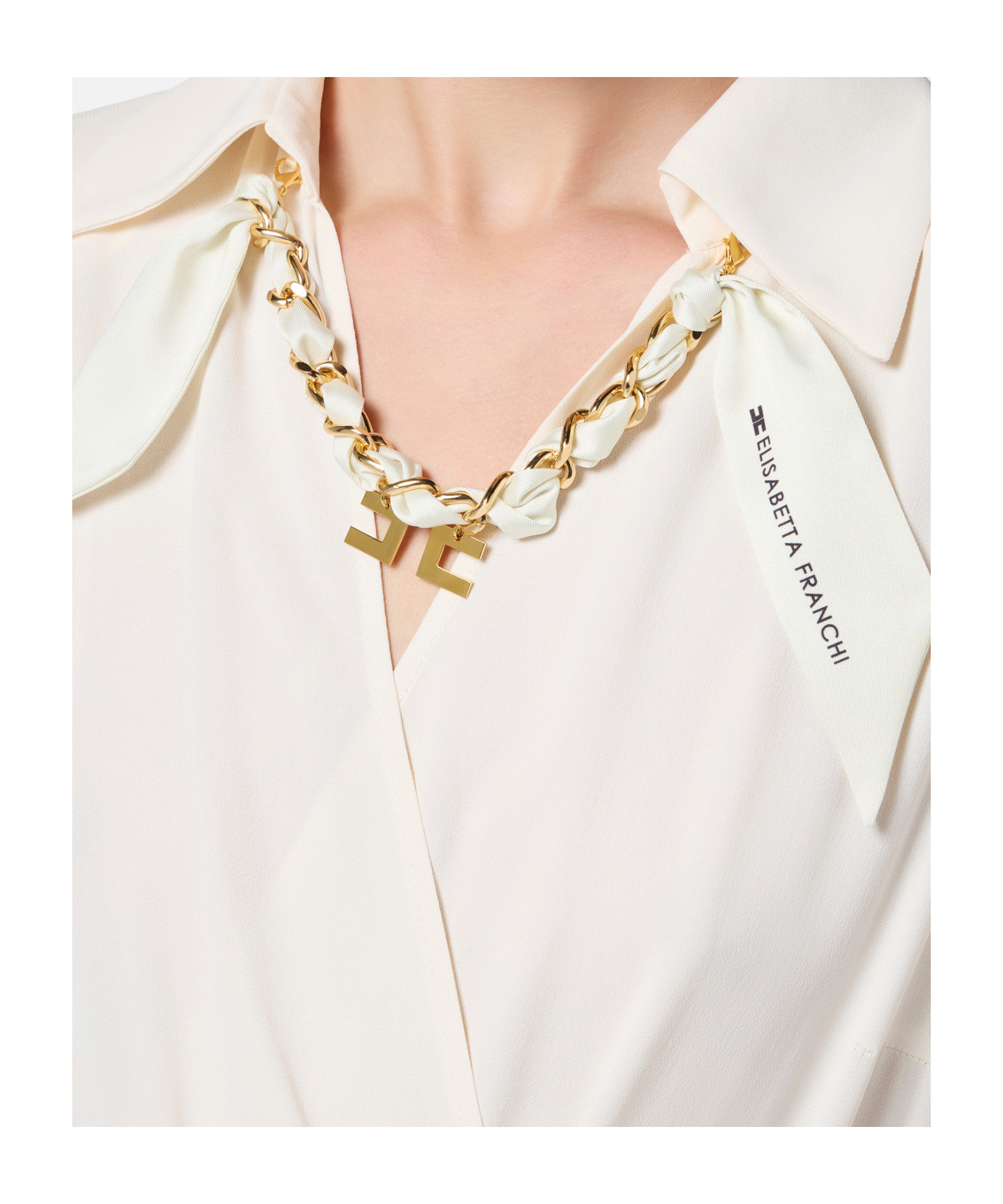 Elisabetta Franchi Abito In Georgette Con Foulard Gioiello Bianco In Butter Color