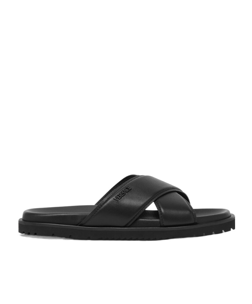 Versace Logo-lettering Leather Slides In Black
