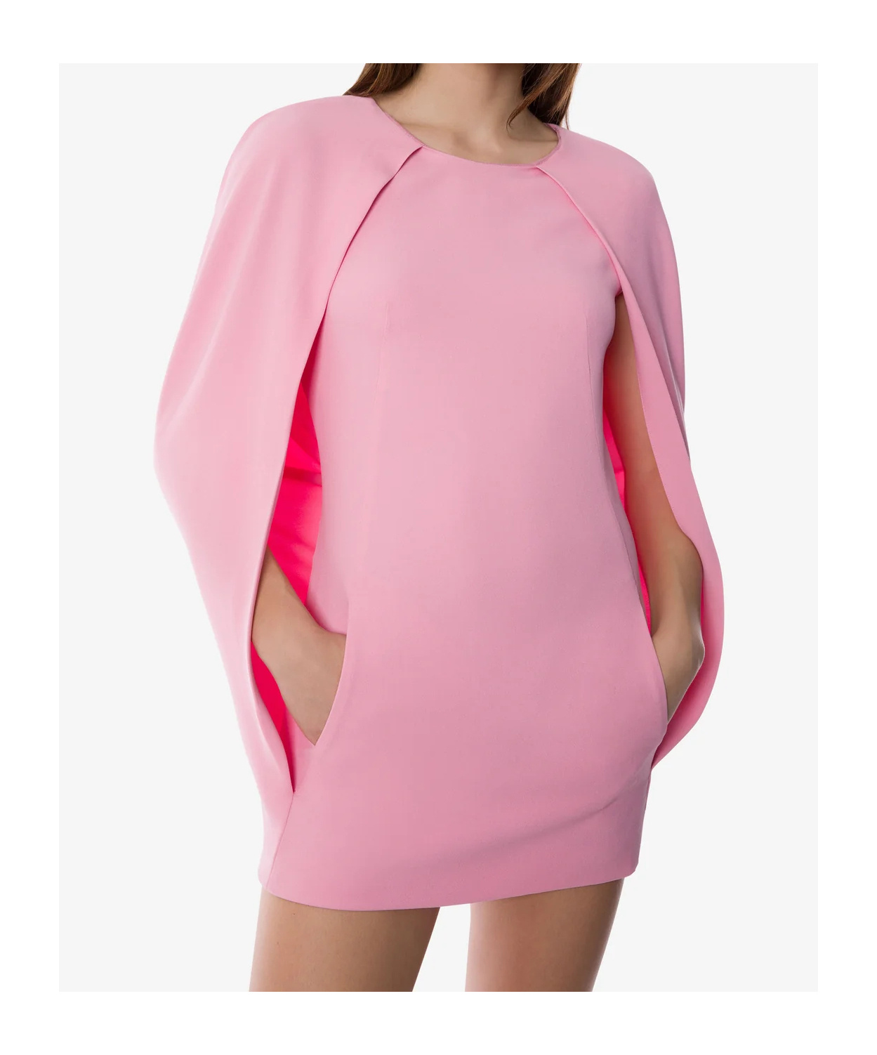 Alberta Ferretti Women Pink Crew Neck Dress With Cap Sleeves And Draped Shoulders In Fabric Woman In Pink