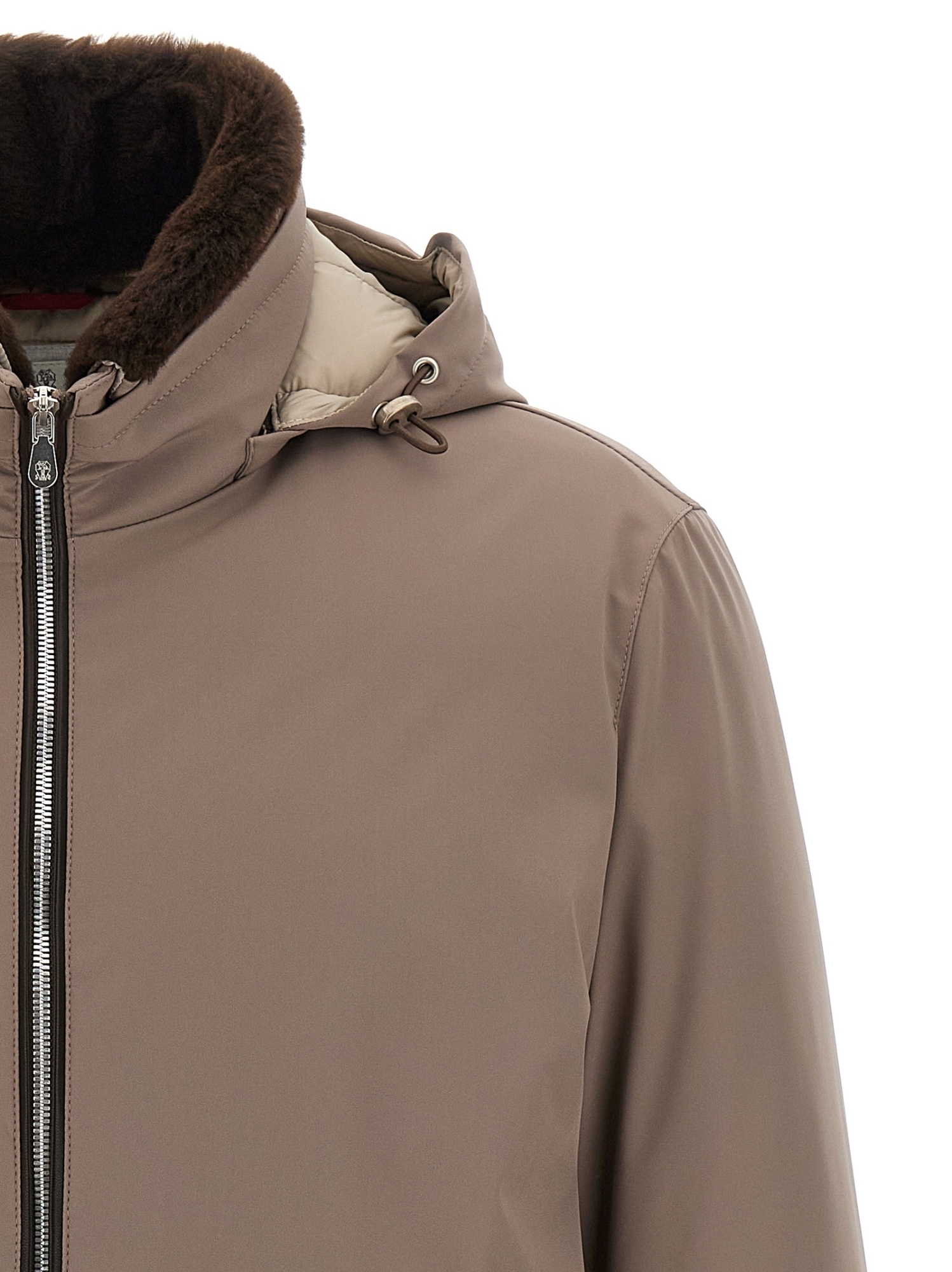 Brunello Cucinelli Sherling Neck Bomber Jacket Puffer Jackets Gray In Brown
