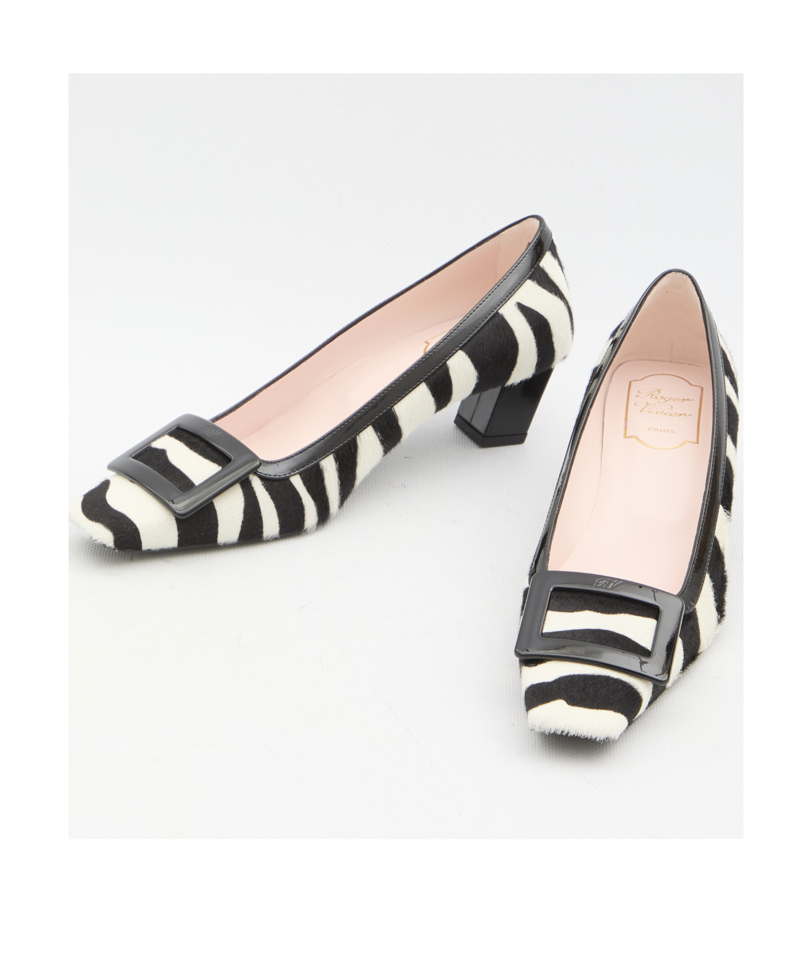Roger Vivier Zebra Print Block Heel Square Toe Pumps In Black