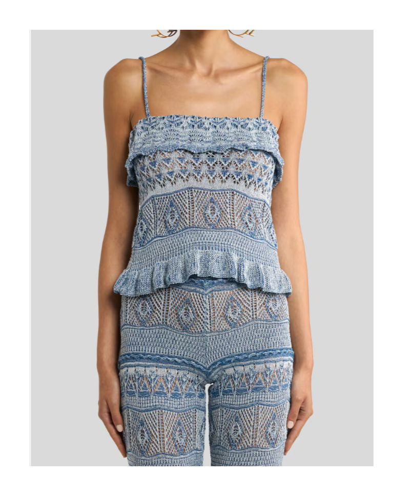 Etro Cropped Ruffled Pointelle-knit Cotton-blend Top In Multi
