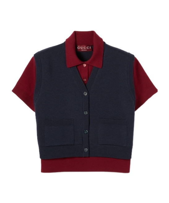 Gucci Wool Silk Polo Top With Vest Overlay In Blue