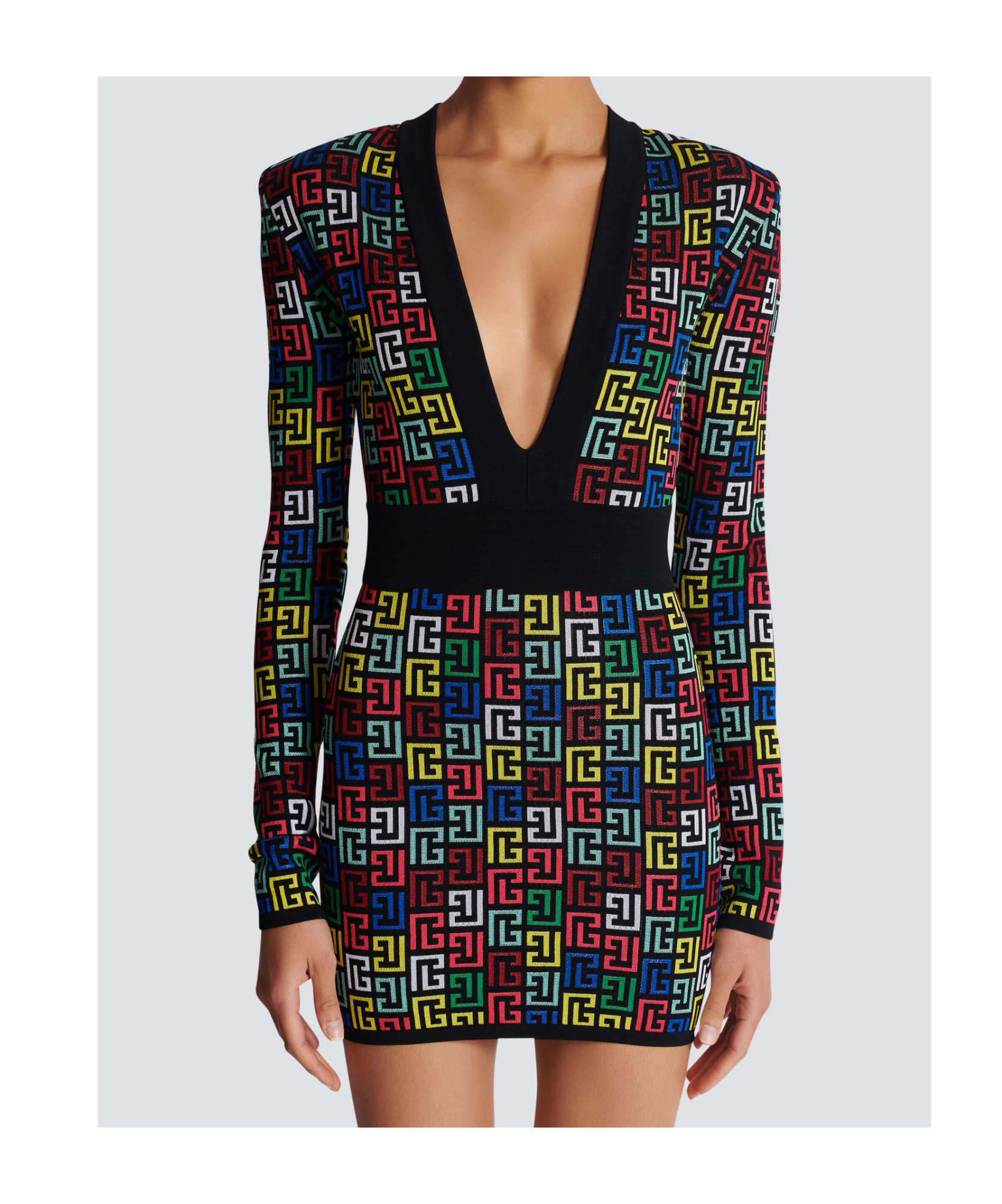 Balmain Knit Dress With Monogram And Geometric Pattern In Black