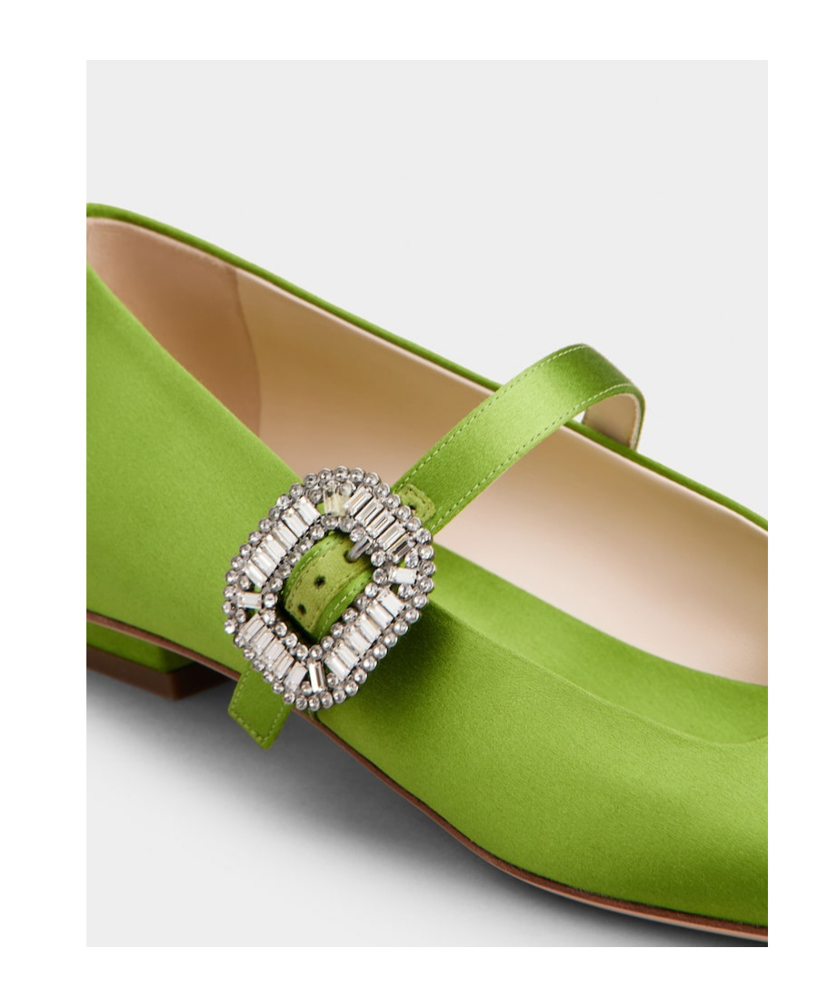 Roger Vivier Crystal Buckle Pointed Toe Satin Strap Shoes In Green