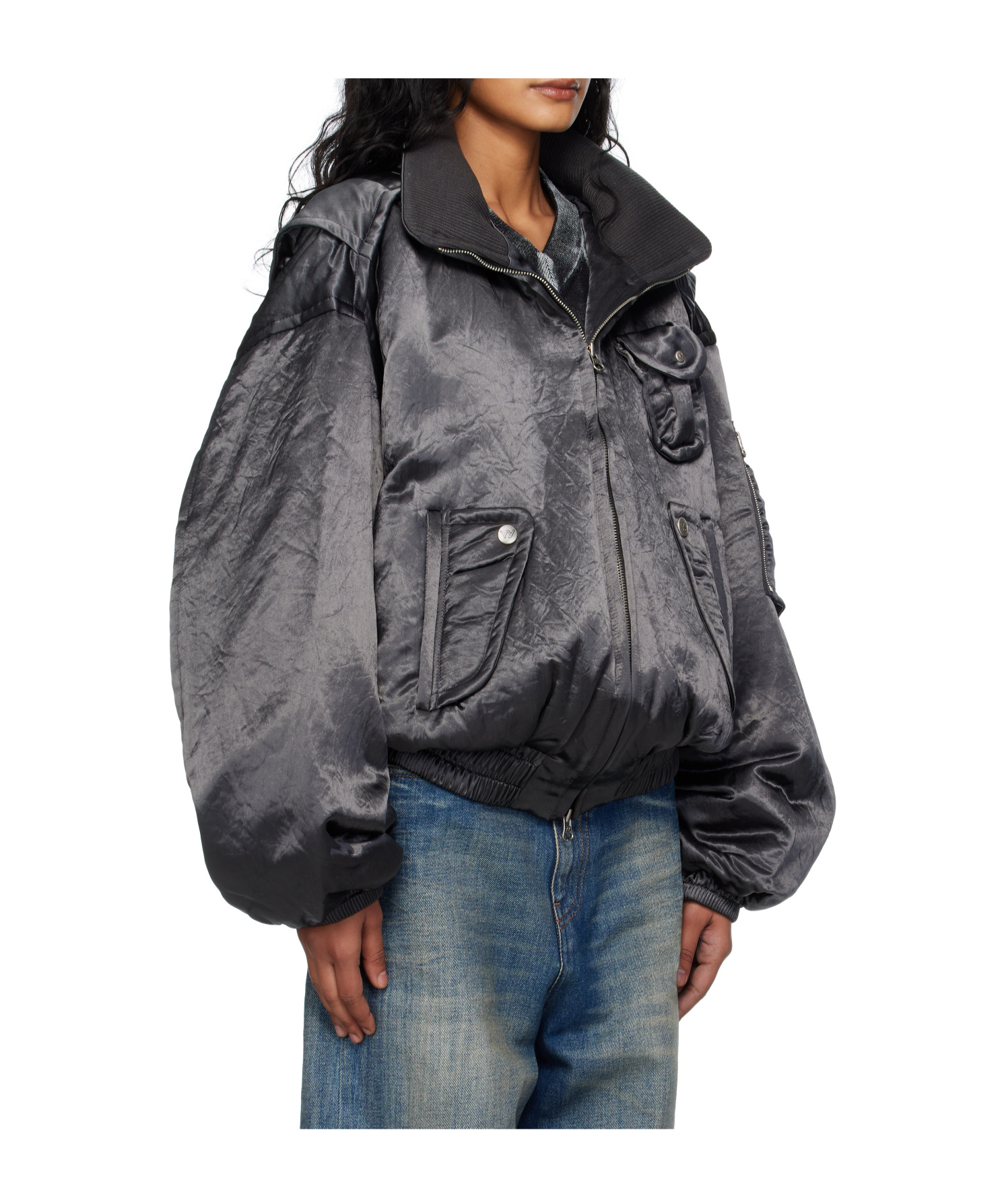 Open Yy Satin Cargo Bomber Jacket In Gray