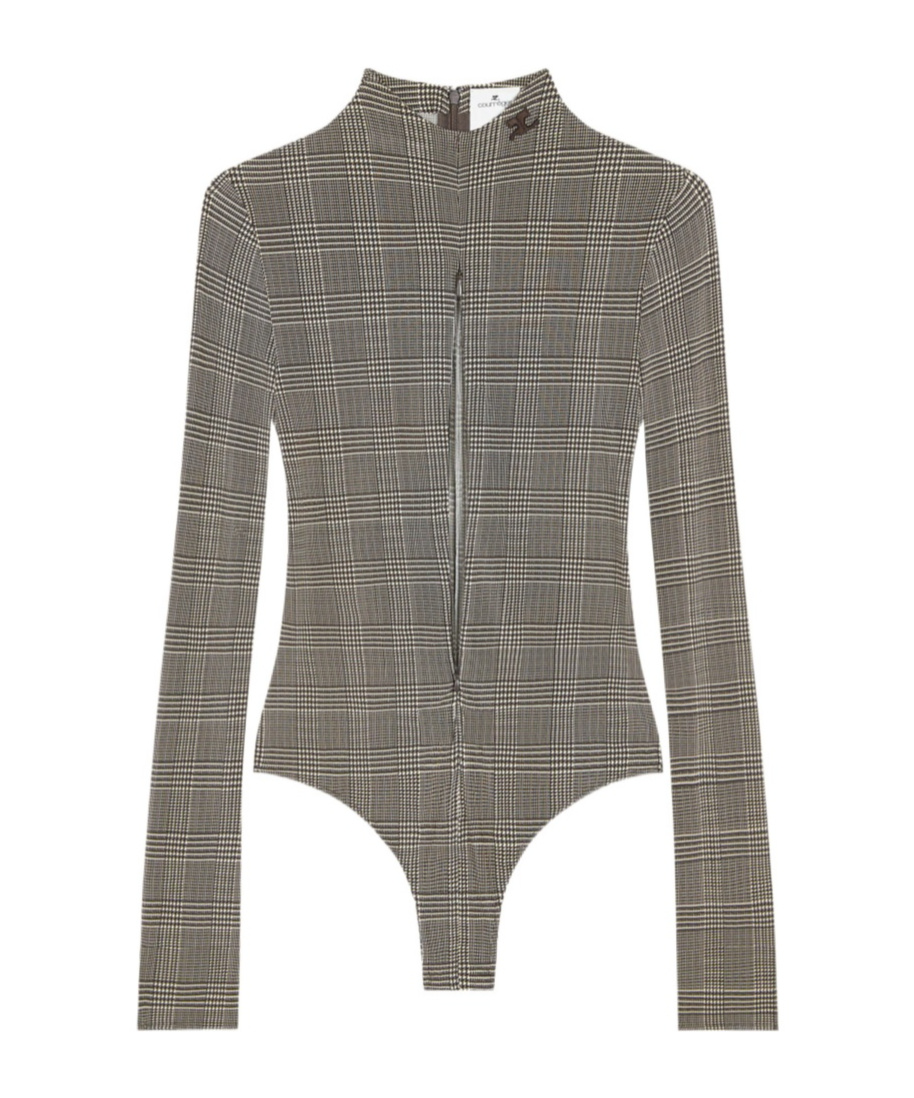 Courrèges High Neck Stretch Body With Prince Of Wales Check In Gray
