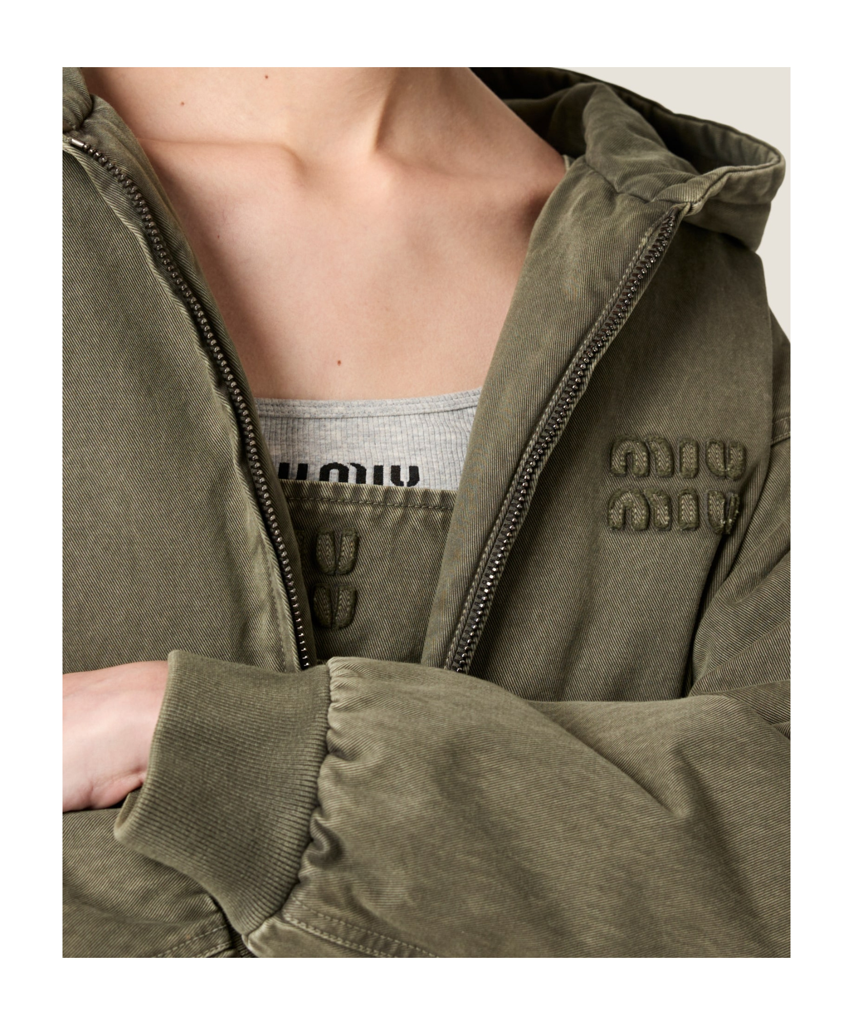 Miu Miu Garment-dyed Blouson Jacket With Embroidered Logo In Green