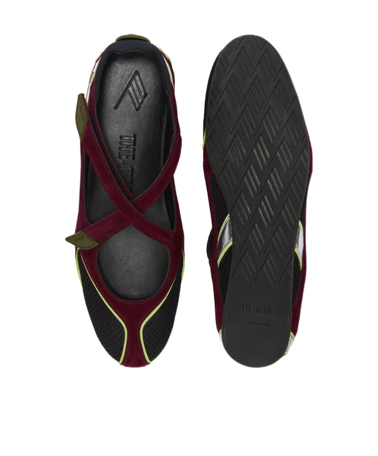 Attico Nomad Bordeaux Ballet Shoes With Criss-crossed Straps And Mesh Panels In Tech Fabric And Suede Woman In Black