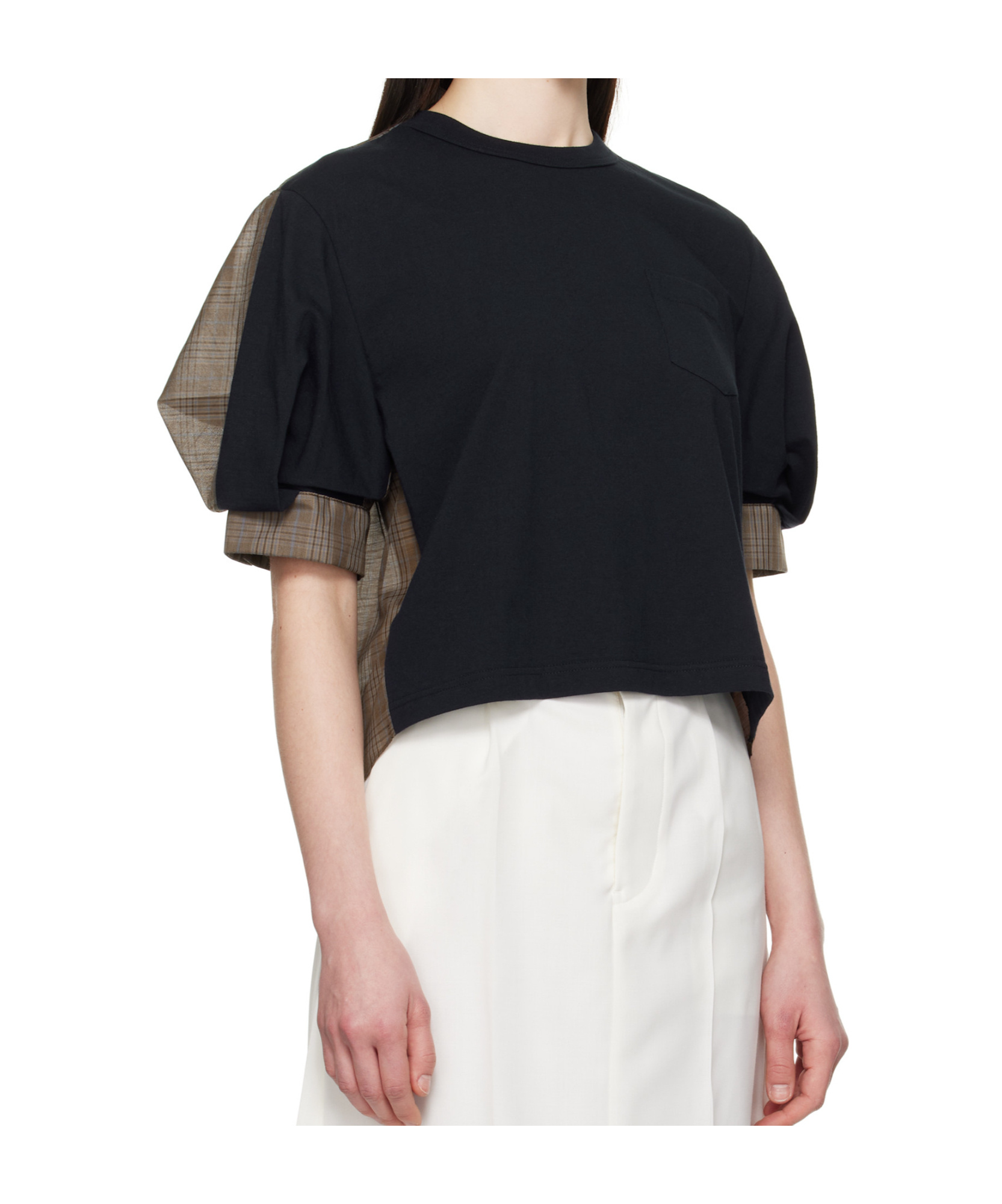 Sacai Contrasting-panel Jersey T-shirt In Navy Blue/brown Textile