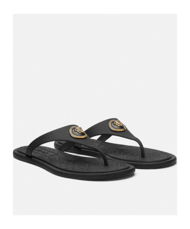 Versace Flat Sole Open Toe Sandals With Medusa Motif In Black