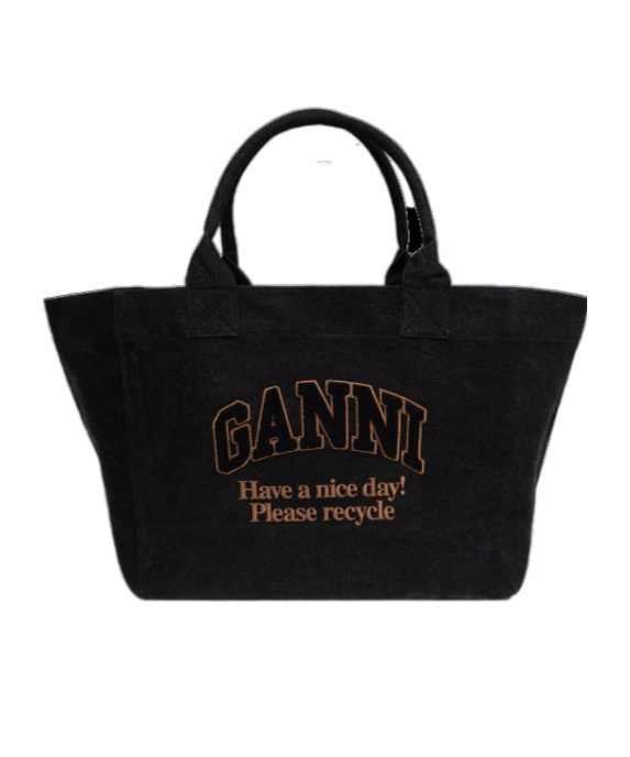 Ganni Denim Shopper Bag In Black